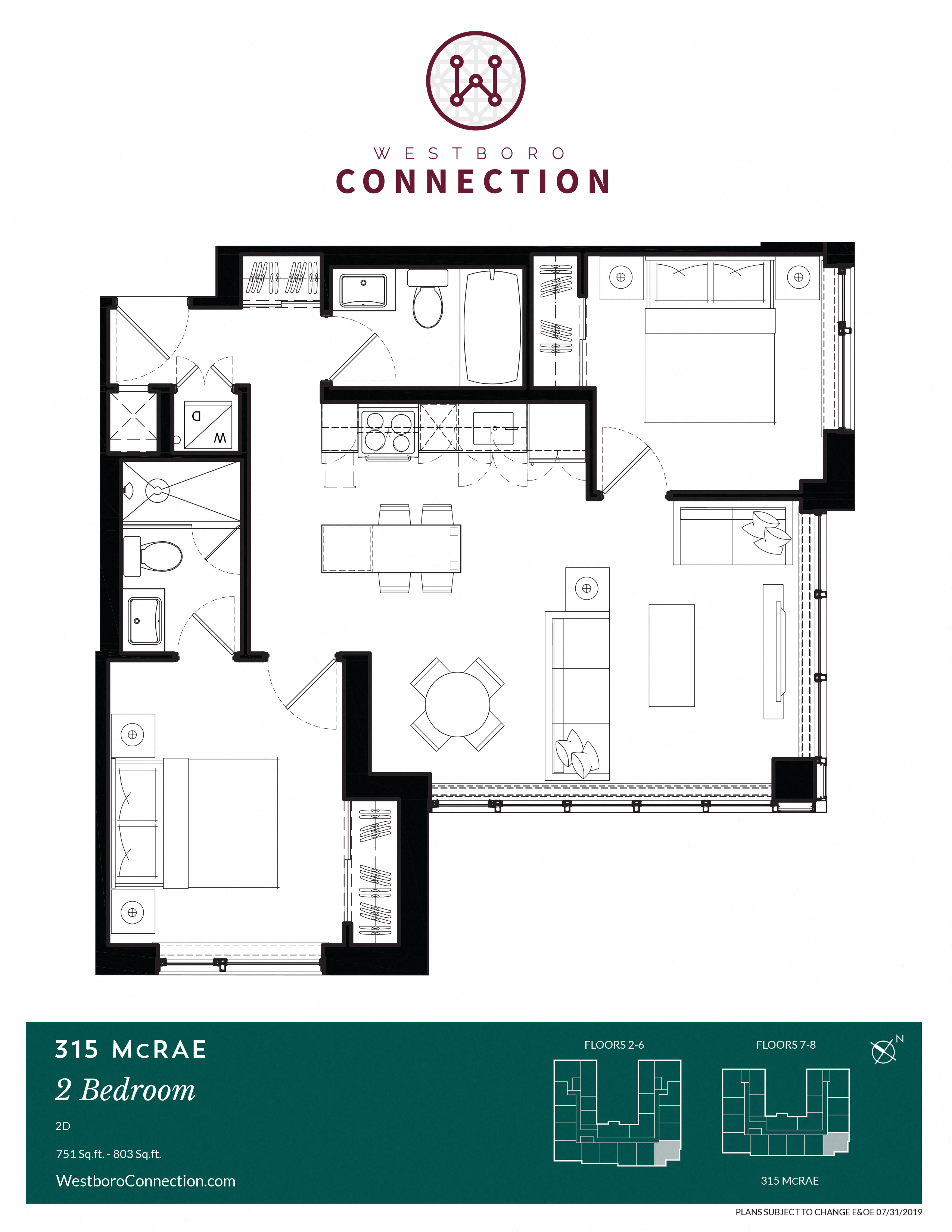Floor plan for 2 beds, 2 baths, 751 sqft