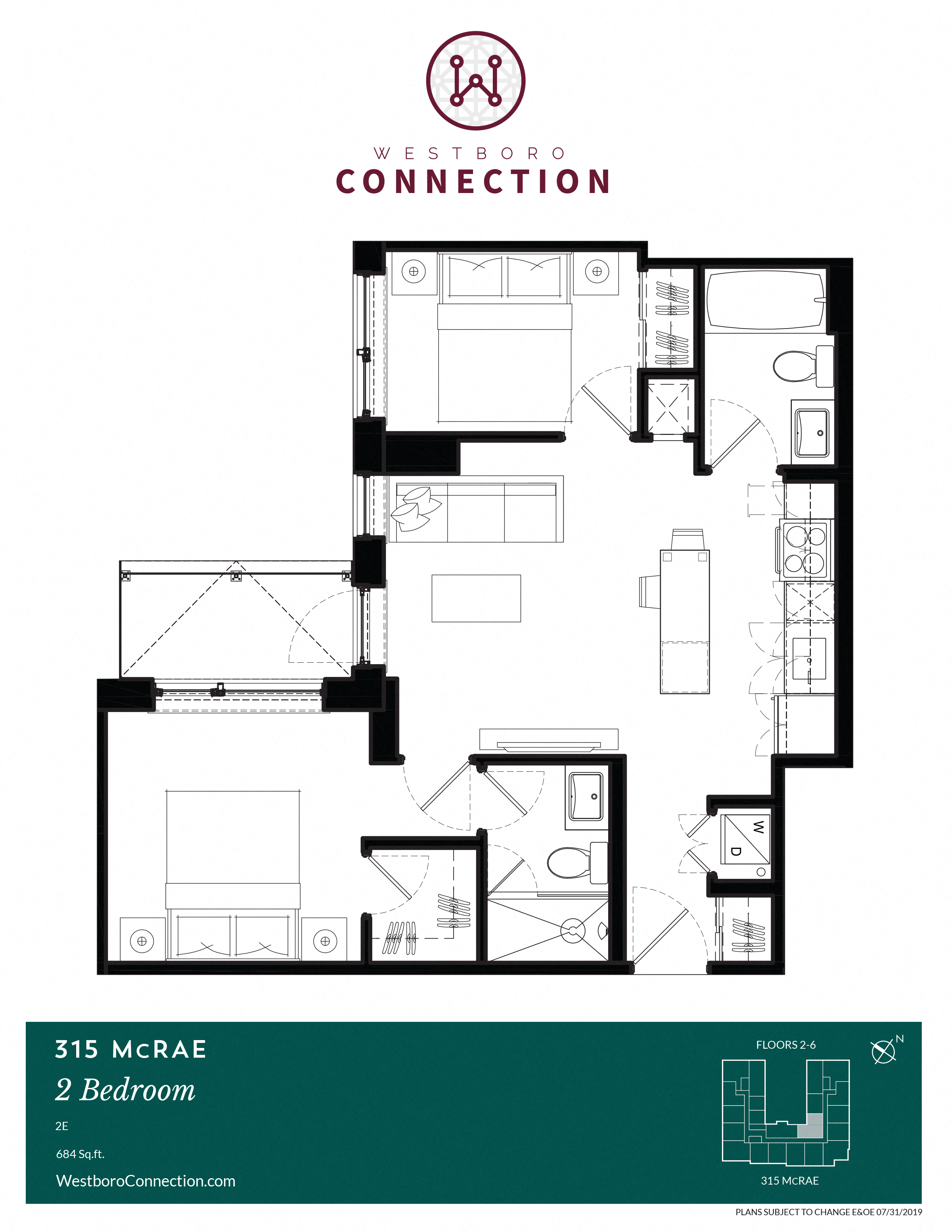 Floor plan for 2 beds, 2 baths, 684 sqft