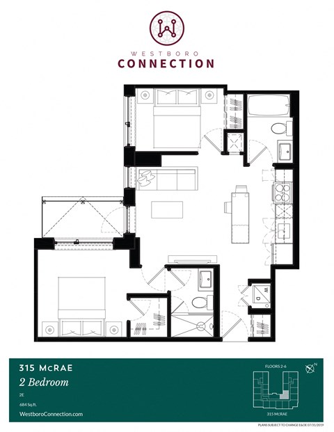Floor plan for 2 beds, 2 baths, 684 sqft