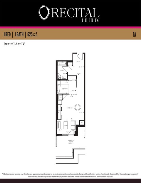 Floor plan for 1 bed, 1 bath, 625 sqft