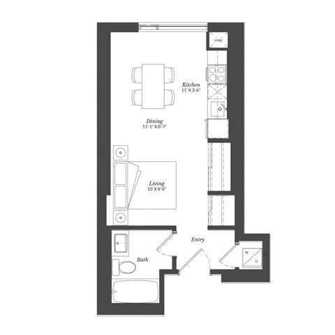 Floor plan for studio, 1 bath, 409 sqft