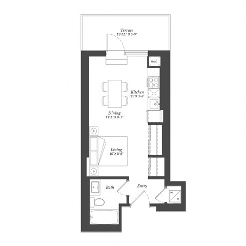 Floor plan for studio, 1 bath, 409 sqft