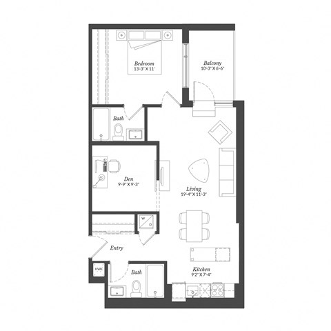 Floor plan for 1 bed, 1 bath, 833 sqft