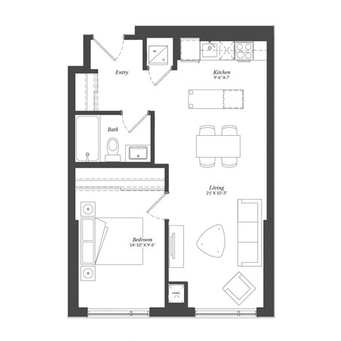Floor plan for 1 bed, 1 bath, 632 sqft