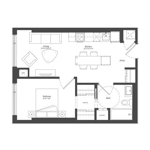 Floor plan for 1 bed, 1 bath, 585 sqft