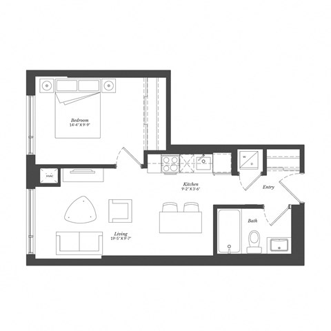 Floor plan for 1 bed, 1 bath, 506 sqft