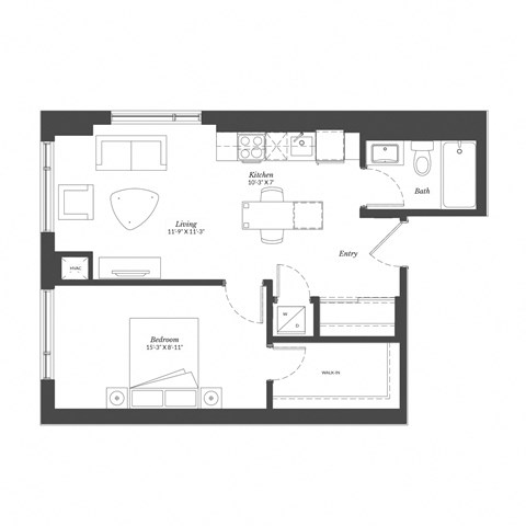 Floor plan for 1 bed, 1 bath, 626 sqft
