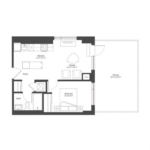 Floor plan for 1 bed, 1 bath, 531 sqft