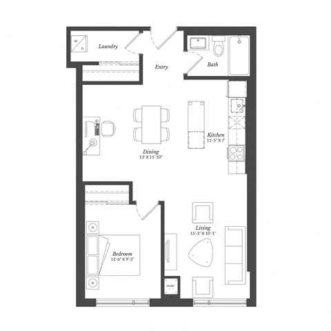 Floor plan for 1 bed, 1 bath, 725 sqft