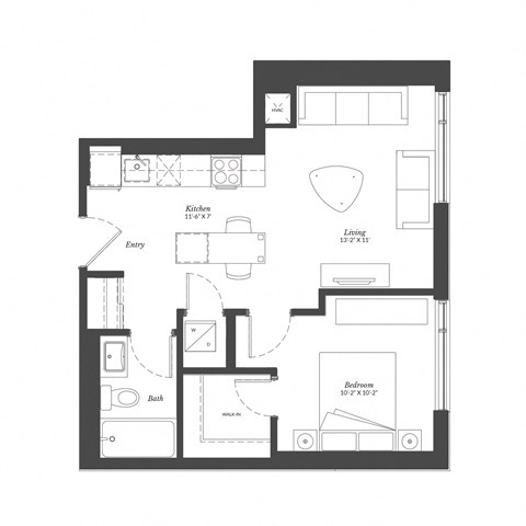 Floor plan for 1 bed, 1 bath, 556 sqft