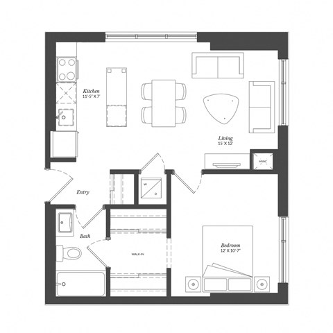 Floor plan for 1 bed, 1 bath, 631 sqft