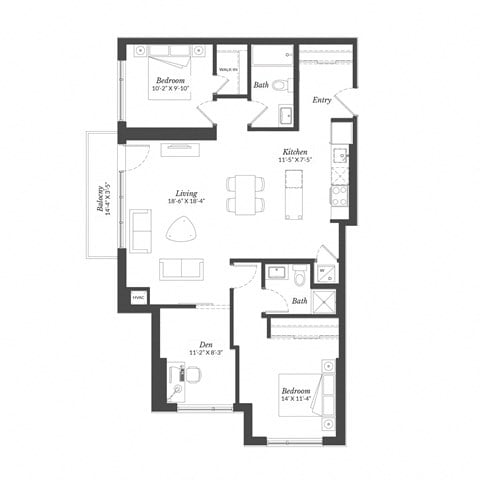 Floor plan for 2 beds, 2 baths, 1170 sqft