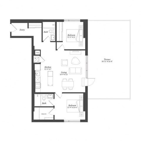 Floor plan for 2 beds, 2 baths, 955 sqft