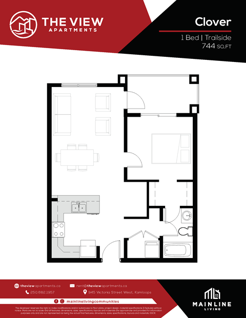 Floor plan for 1 bed, 1 bath, 744 sqft
