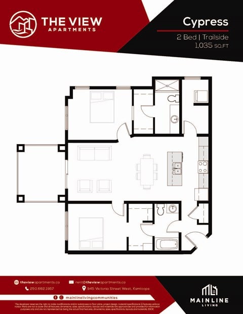 Floor plan for 2 beds, 2 baths, 1035 sqft
