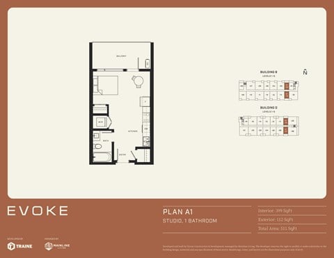 Floor plan for studio, 1 bath, 399 sqft