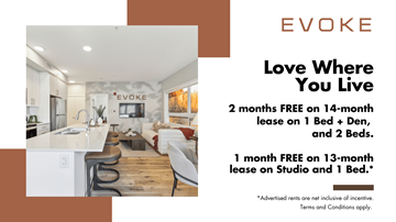 Kitchener apartment for rent - A room with a kitchen and a living area is shown in an advertisement for EVOKE.