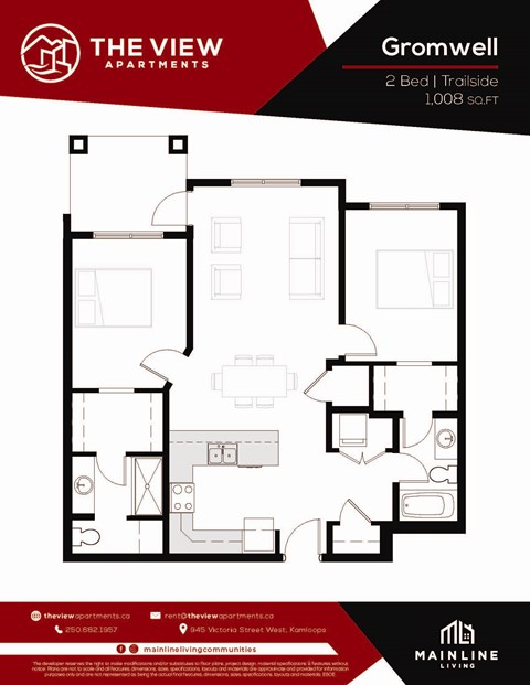 Floor plan for 2 beds, 2 baths, 1008 sqft