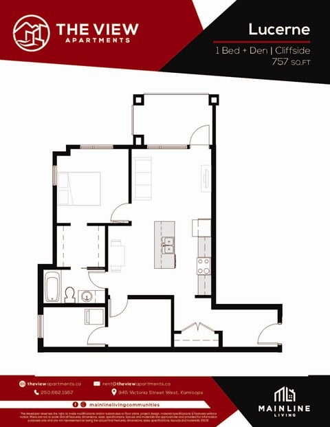 Floor plan for 1 bed, 1 bath, 757 sqft