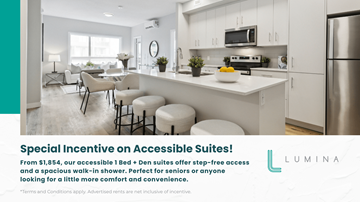 Kitchener apartment for rent - A modern kitchen and living room in a Lumina suite.