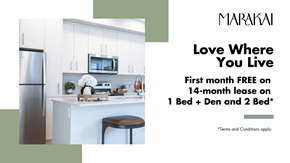 Colwood apartment for rent - A kitchen with a refrigerator, microwave, and a counter with a plant and a vase on it.