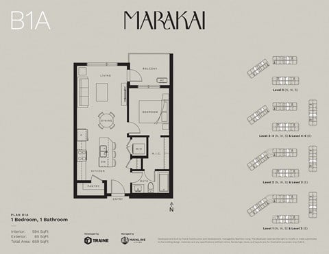 Floor plan for 1 bed, 1 bath, 594 sqft