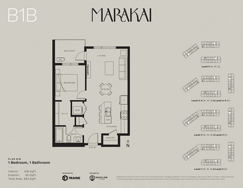 Floor plan for 1 bed, 1 bath, 618 sqft