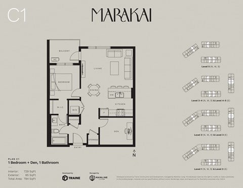 Floor plan for 1 bed, 1 bath, 729 sqft