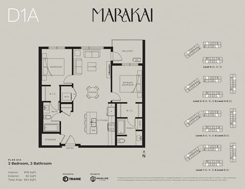 Floor plan for 2 beds, 2 baths, 878 sqft