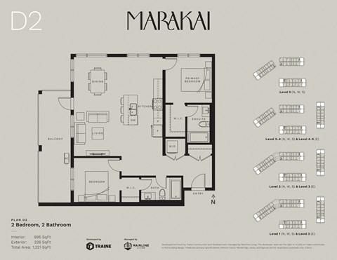Floor plan for 2 beds, 2 baths, 995 sqft