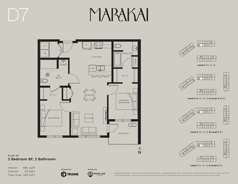 Floor plan for 2 beds, 2 baths, 880 sqft