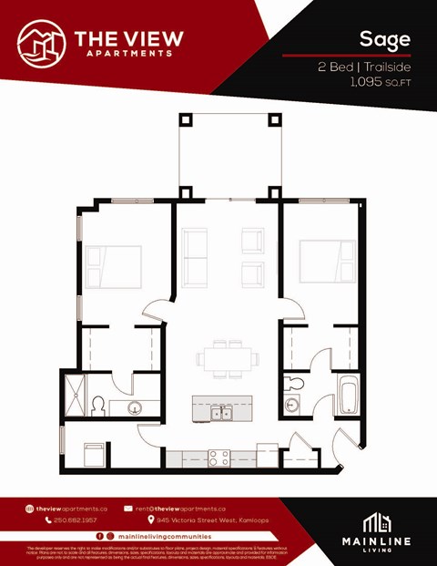 Floor plan for 2 beds, 2 baths, 1095 sqft