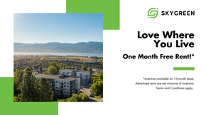 West Kelowna apartment for rent - A poster advertising a one month free rent offer from Skygreen.