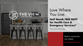 Kamloops apartment for rent - A modern kitchen with a sign offering half month free rent for health care and emergency services.
