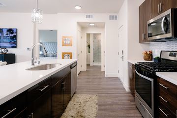 Las Vegas apartment for rent - A modern kitchen with dark wood cabinets and stainless steel appliances.