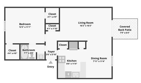 Floor plan for 1 bed, 1 bath, 700 sqft