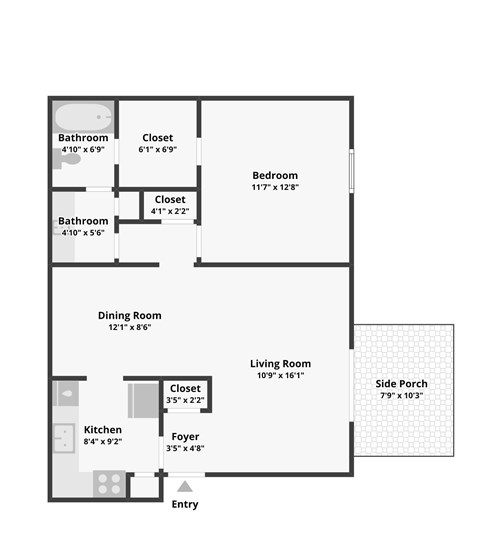 Floor plan for 1 bed, 1 bath, 750 sqft