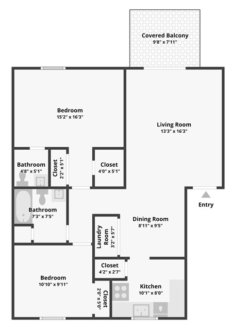 Floor plan for 2 beds, 1.5 baths, 975 sqft