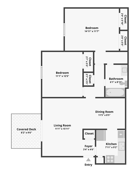 Floor plan for 2 beds, 1 bath, 950 sqft