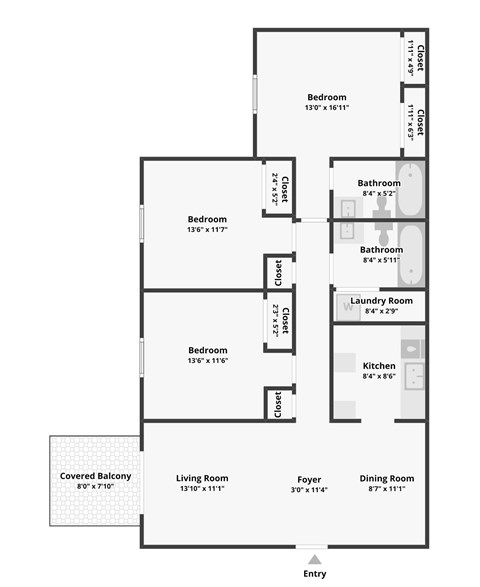 Floor plan for 3 beds, 2 baths, 1300 sqft