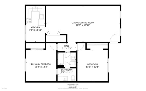 Floor plan for 2 beds, 1.5 baths, 980 sqft