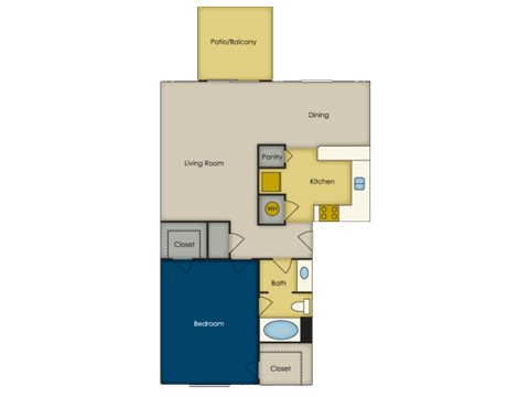 Floor plan for 1 bed, 1 bath, 750 sqft