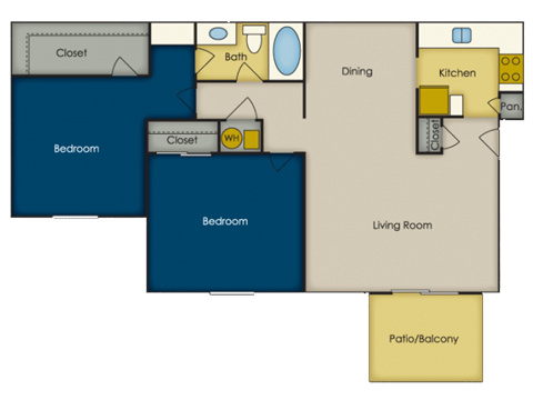 Floor plan for 2 beds, 1 bath, 950 sqft