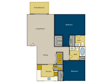 Floor plan for 2 beds, 1.5 baths, 975 sqft