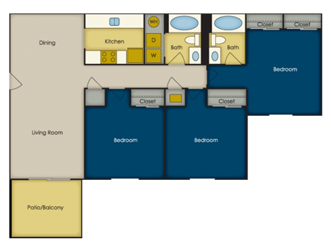 Floor plan for 3 beds, 2 baths, 1300 sqft