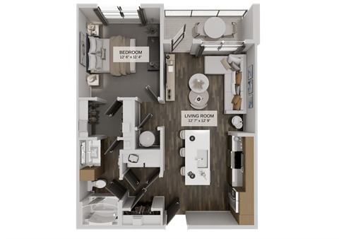 Floor plan for 1 bed, 1 bath, 724 sqft