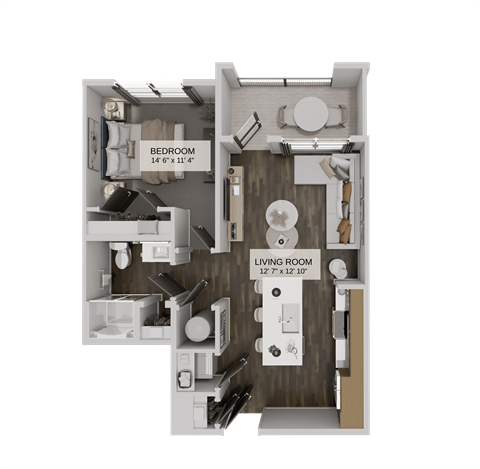 Floor plan for 1 bed, 1 bath, 666 sqft