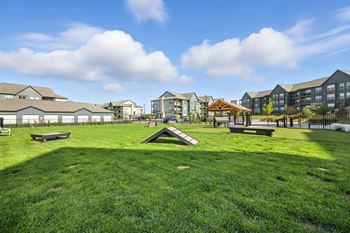 A grassy area in front of apartment buildings