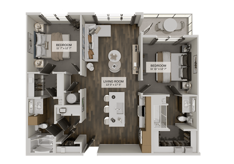Floor plan for 2 beds, 2 baths, 1125 sqft