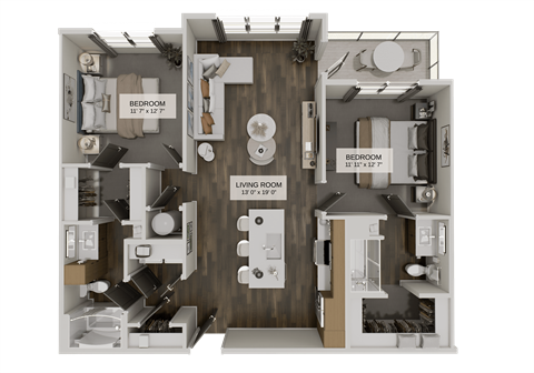 Floor plan for 2 beds, 2 baths, 1147 sqft